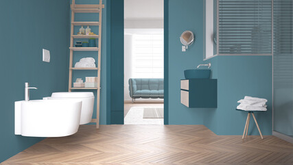 Minimalist bathroom in blue tones with ladder shelf, bottles and bath accessories, sliding door over living room, side table with towels, herringbone parquet, interior design concept