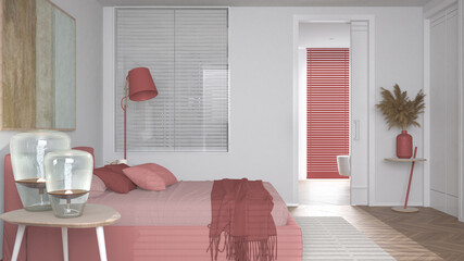 Modern bright minimalist bedroom in red tones, double bed with pillows and blankets, parquet, bedside tables with lamps and door over bathroom, carpet and decors, interior design idea