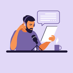 Male podcaster talking to microphone recording podcast in studio. Radio host with table flat vector illustration.