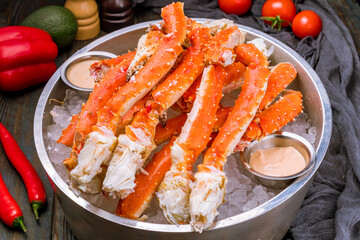 King crab claws on wooden table