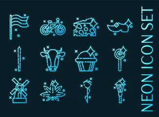 Fototapeta premium Holland set icons. Blue glowing neon style.