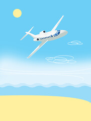 Fototapeta na wymiar Lovely white airliner plane in a bend against the blue sky above the blue waves. Dreams. Illustration