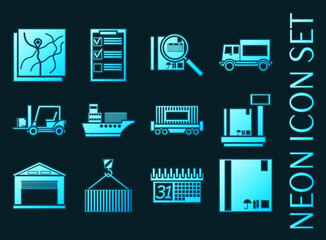 Logistics set icons. Blue glowing neon style