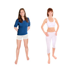 Two barefoot young women wearing sportswear, full length portraits isolated in front of white studio background