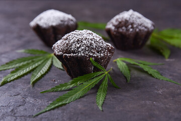three chocolate muffins with hemp on the table with fresh leaves