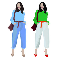vector flat fashion illustration on the theme of street style isolated on white background. stylish beautiful slender young girl in a fashionable outfit. fashion trends. several color combinations.