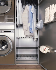 Grey metal silver washer and dryer. Drying Cabinet. Modern washing complex. Home clothes dryer.