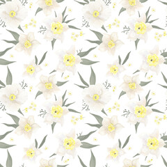 Watercolor painting seamless pattern with white flowers. Spring background.
