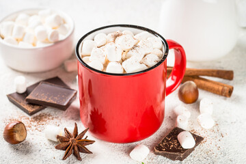 Hot chocolate with marshmallow in red mug.