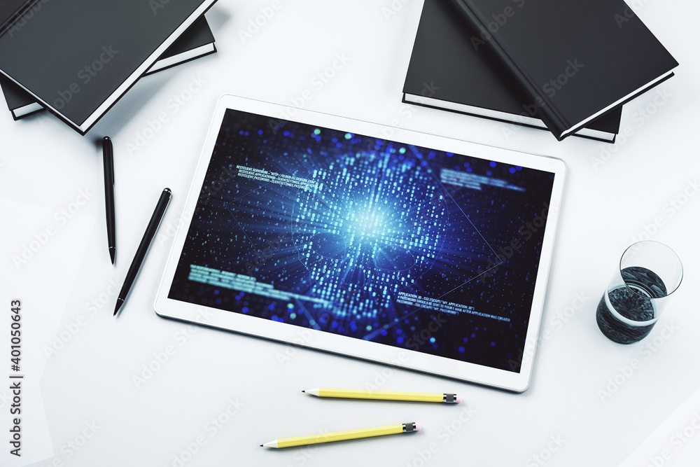 Leinwandbilder creative code skull hologram on modern digital tablet display, cybercrime and hacking concept. top v