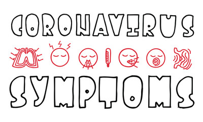 Hand drawn vector with icons about coronavirus symptoms and lettering. Ad poster design for the design of t-shirts, bags, banners, stickers.