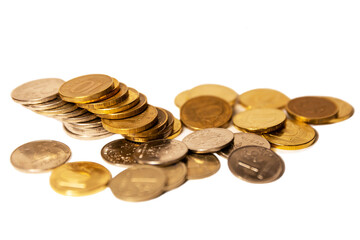A stack of Russian coins of 10 rubles. Isolated on white background. Space for text.