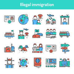 Illegal immigration color line icons set. Pictograms for web page