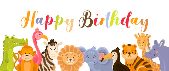 Birthday greeting cards with cute jungle animals. Vector illustration banner horizontal with crocodile, monkey, flamingo, zebra, lion, elephant, toucan, tiger, giraffe, rhino.