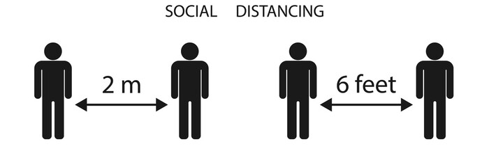 Obraz premium Social distancing set of icons vector. Man with arrow distance 2m or 6 feet between. Covid -19 prevention.