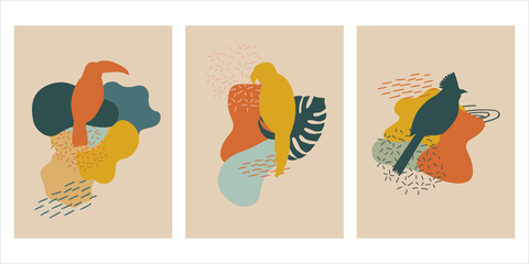 Tropical Memphis wall art vector set.  Various monster leaves, birds, parrots, toucan, ara, abstract forms. Doodle style. Contemporary modern trendy Vector illustrations.