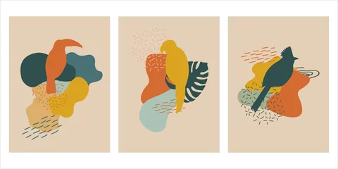 Tropical Memphis wall art vector set.  Various monster leaves, birds, parrots, toucan, ara, abstract forms. Doodle style. Contemporary modern trendy Vector illustrations. © Nataliya