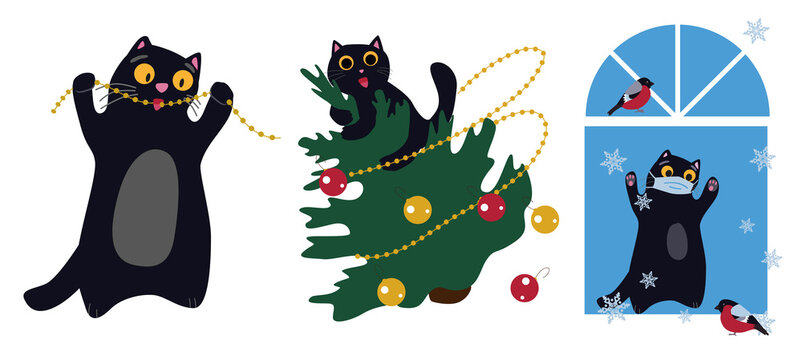 Set Vector Illustration. Safety Of Pets On New Year Holidays. Funny Cat Drops Christmas Tree. Crazy Cat Eats Garland. Kitten In Medical Mask Looking At Birds In Window.