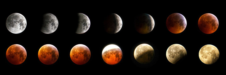 Composite image of lunar eclipse showing progressive phases in silver, red and yellow color
