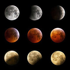 Composite image of lunar eclipse showing progressive phases in silver, red and yellow color