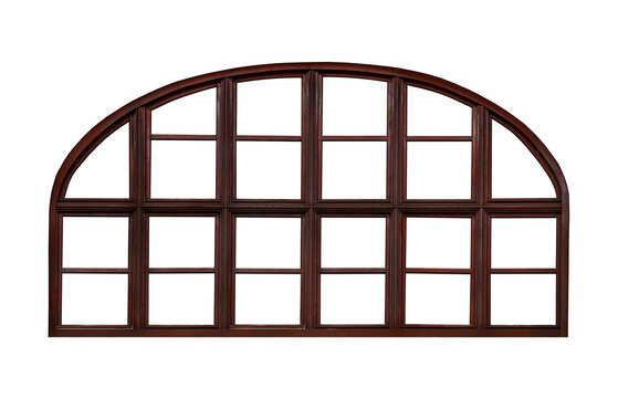 Vintage brown wooden window with arch on white background