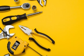 Yellow and black handy tools (pilers and screwdriver) isolated on yellow background