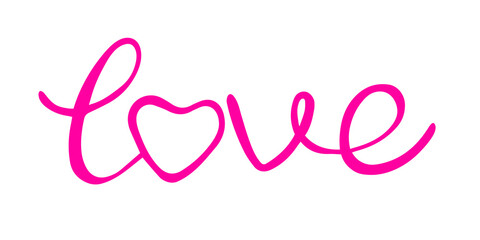Vector hand-drawn lettering, pink. Lettering the word love. Registration for a wedding, postcard, poster, print. Isolated lettering, in simple cartoon cute style. Valentines day card.
