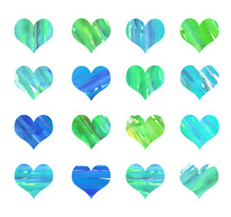 Set of multicolored texture watercolor hearts on white background