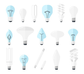 illustration of main electric lighting types incandescent light bulb, halogen lamp, cfl and led lamp. Flat style.