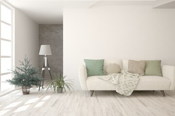 White living room with sofa and winter landscape in window. Scandinavian interior design. 3D illustration