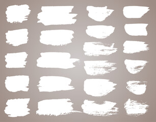 Set of white ink stains. black paint, ink brush stroke, brush, line or round texture. Dirty artistic design element, box, frame or background for text.