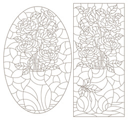 Set of contour illustrations in stained glass style with floral still lifes, dark contours on a white background
