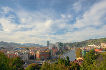 Fototapeta na wymiar BILBAO, SPAIN - October 25, 2017 - View of the city of Bilbao in the Basque country, Spain. Urban landscape in Bilbao.