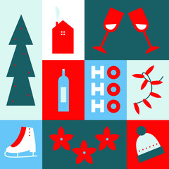 Merry Christmas Scandinavian art set. Flat geometric style symbols holiday Christmas. Christmas tree, wine, garland, gift, claus, Noel, skates, glass, Poinsettia. Minimalism. Vintage. 