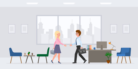 Cartoon character guy and lady hands shaking in modern workplace vector illustration set. Man and woman business partners, meeting client, saying hello in office room on cityscape background