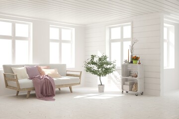 White living room with sofa. Scandinavian interior design. 3D illustration