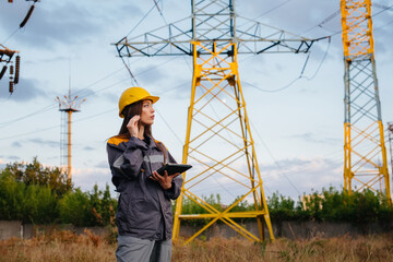 A young engineering worker inspects and controls the equipment of the power line. Energy