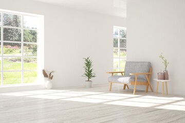 White living room with armchair and green landscape in window. Scandinavian interior design. 3D illustration