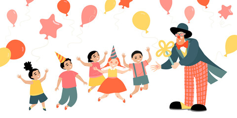 Illustration of a children's party with a cheerful clown and balloons