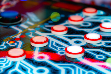 Close-up of an electronic arcade game. Board game button abstraction