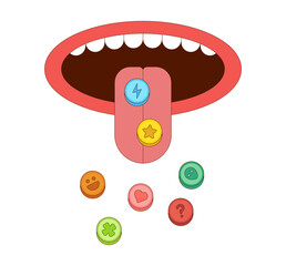 Tongue with ecstasy pills vector illustration in cartoon style. Drug abuse addiction concept