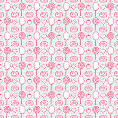 Sweet Food Vector Background. Hand Drawn Doodle Donut, Strawberry, Cotton Candy, Lollipop and Hearts Seamless pattern
