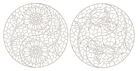 Set of contour illustrations in stained glass style with roses and sunflowers in the Yin Yang sign, dark contours on a white background