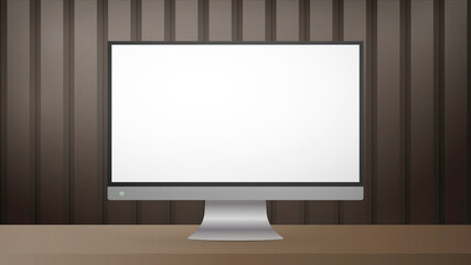 A monitor with a white screen sits on a table. Striped brown realistic poster Background with metal or glossy wood. Realistic vector.