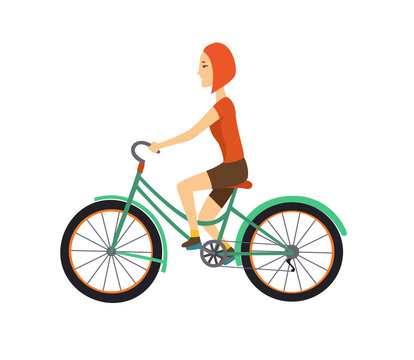 Cool character design on adult young woman riding bicycles. Stylish short hair female hipsters on bicycle, side view, isolated.
