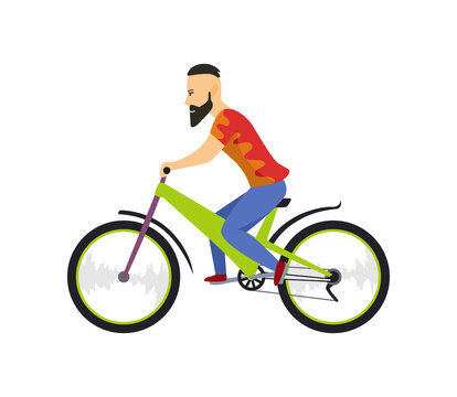 Men riding bicycle. With bicycle and boy in sportswear. Cartoon character design. Flat illustration isolated on white background.