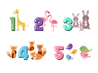Numbers learning for children set colorful bright. Let's count to 5 for kids education. Big vector set with cartoon animals flat style design. Numbers collection learning math and counting. Zoo