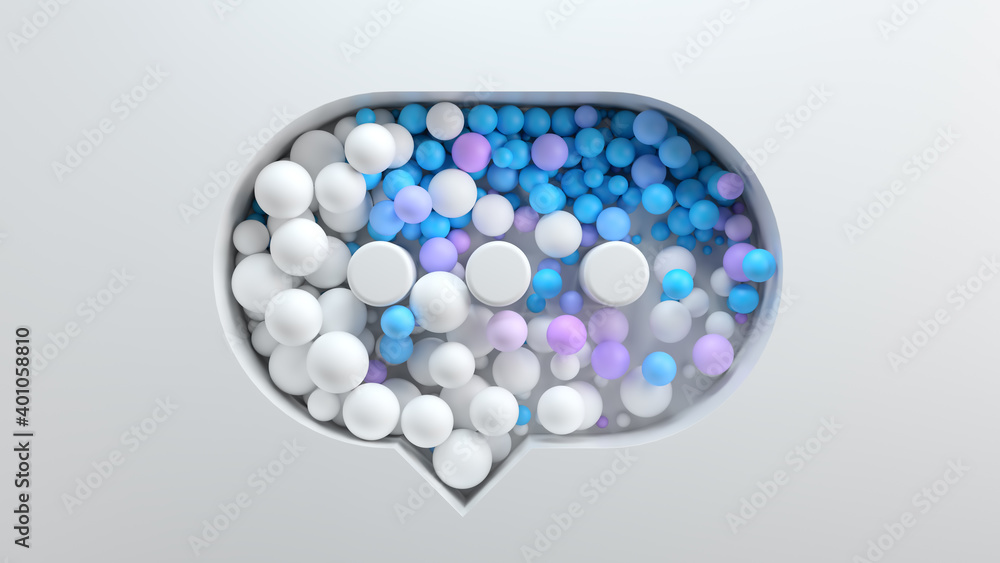 Poster 3d bright render background with cut out shape filled with colored spheres. bright positive concept.