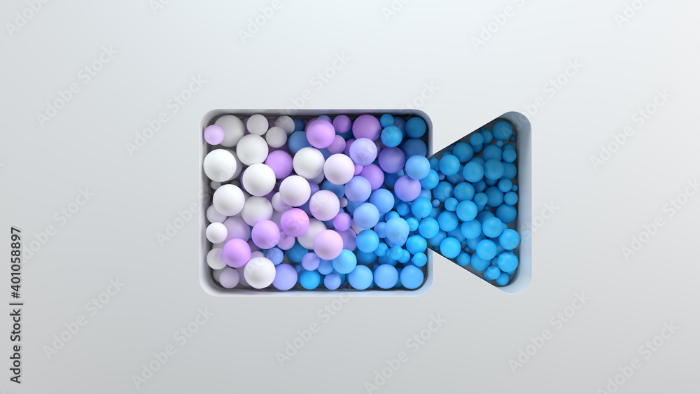 Poster 3d bright render background with cut out shape filled with colored spheres. bright positive concept.