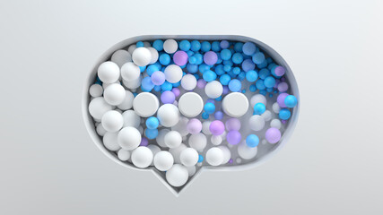 3d bright render background with cut out shape filled with colored spheres. Bright positive concept. Message balloon.
